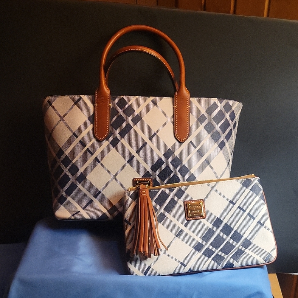 Dooney & Bourke Blue and Tan Plaid Tote With matching wristlet